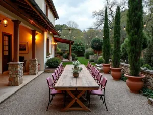 Tuscan Gravel Dining Area - Rustic Italian-style gravel patio with long wooden dining table, string lights, and cypress trees in terracotta planters