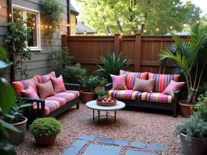 Urban Bohemian Gravel Garden - Eclectic small gravel patio with colorful Moroccan-style cushions, string lights, and mixed container plants. Slate chips create base with vintage metal planters