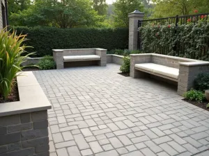 Urban Courtyard Gravel Garden - Porcelain pavers in basketweave pattern with fine crushed granite, featuring built-in benches and vertical garden