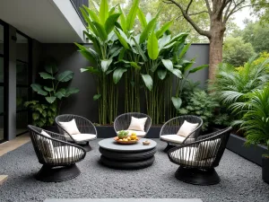 Urban Jungle Gravel Patio - Contemporary gravel patio with tropical feel, featuring large-leaved plants, black bamboo, and modern rope furniture, surrounded by charcoal gravel