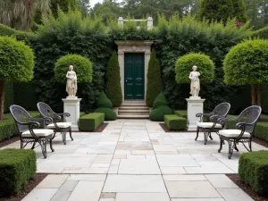 White Marble Chip Elegance - An elegant patio with white marble chips, classical statuary, formal boxwood hedges, and wrought iron furniture