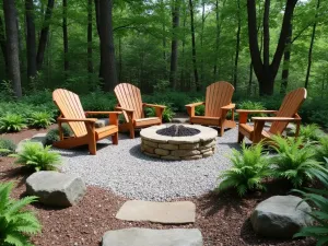 Woodland Edge Gravel Seating - Natural woodland-style gravel patio with mixed-size river rocks, wooden Adirondack chairs, and native ferns along edges. Stone fire pit as centerpiece with gravel surround