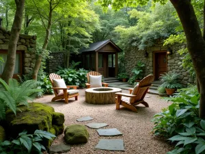 Woodland Gravel Garden - Natural woodland-style gravel patio with rustic log furniture, ferns, and moss-covered stones, under dappled shade