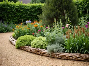 Woven Willow Edge Design - Natural woven willow edging creating a rustic border around golden gravel, with cottage garden perennials adding color