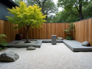 Zen Garden Gravel Space - A minimalist Japanese-inspired gravel patio featuring raked white pebbles, carefully placed granite boulders, and bamboo screens. Small maple tree provides focal point with modernist concrete seating