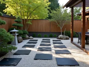 Zen Garden Patio Retreat - Japanese-inspired patio with dark slate pavers set in light raked gravel, featuring bamboo screens, a stone lantern, and carefully placed river rocks