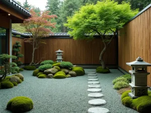 Zen Green Slate Chips - A Japanese-inspired patio with crushed green slate chips, bamboo screens, stone lanterns, and carefully placed moss gardens