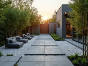 Zen Minimalist Gravel Patio - A modern minimalist gravel patio with clean lines, featuring large concrete pavers floating in white crushed stone, surrounded by architectural bamboo and modern outdoor furniture in charcoal grey, photographed at golden hour