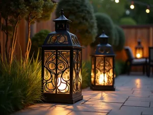 Art Deco Lantern Pavilion - Sophisticated patio space with geometric art deco inspired metal lanterns, featuring black and gold details and dramatic lighting patterns