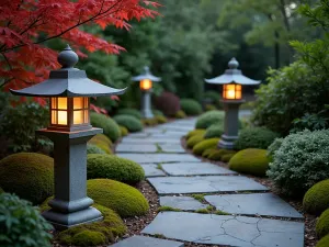 Asian Garden Lanterns - Stone lanterns placed along a curved patio path, surrounded by Japanese maples and moss gardens, creating a peaceful evening atmosphere