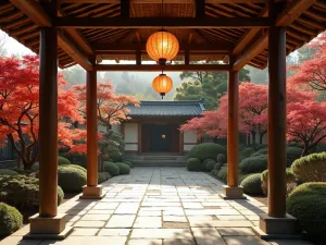 Asian Inspired Paper Lanterns - Zen-style covered patio with traditional paper lanterns hanging from bamboo ceiling, surrounded by Japanese maples