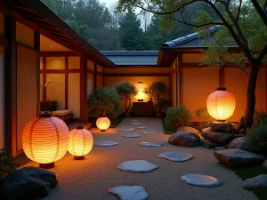 Asian Lantern Garden - Traditional paper lanterns in various sizes illuminating a zen-inspired patio garden with bamboo screens and stone features