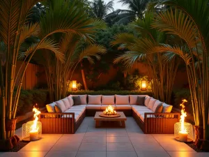 Bamboo Torch Border - Tropical patio space surrounded by elegant bamboo torches, creating warm flickering light around a casual seating area with palm fronds