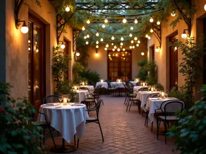 Bistro Style Cafe Lighting - Intimate French bistro-style patio with classic globe string lights, wrought iron furniture, climbing roses on trellis, evening dining setup