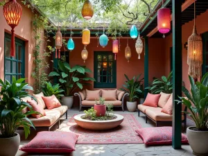 Bohemian Lantern Garden - Eclectic patio space with colorful glass lanterns in jewel tones, mixed with macramé hanging planters and scattered floor cushions