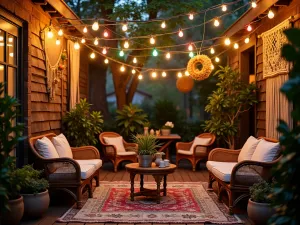 Bohemian String Light Garden - Cozy bohemian patio with multicolored bulb string lights, macramé decorations, vintage furniture, lush potted plants, warm evening ambiance