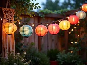 Bohemian String Light Wall - Colorful paper lantern string lights draped across a garden wall with macramé hangings and trailing string of pearls plants