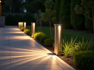 Contemporary Bollard Lighting - Sleek metal bollard lights lining a modern patio edge, casting geometric patterns of light and shadow