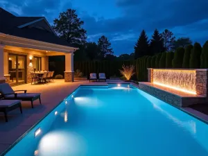 Cascading Wall Lights - Modern pool patio featuring a illuminated water wall with cascading LED lights, mood lighting under loungers, sophisticated evening entertainment space