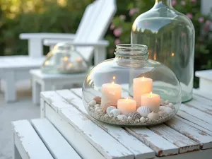 Coastal Hurricane Lanterns - Beach-style patio with large glass hurricane lanterns filled with candles and seashells, placed on whitewashed wooden tables and steps