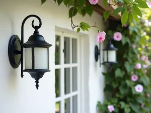 Coastal Hurricane Sconces - Nautical-style hurricane wall sconces with frosted glass on a white-washed patio wall, surrounded by climbing beach morning glory