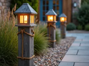 Coastal Path Lighting - Weathered wooden post lights with rope details illuminating a coastal-style patio, surrounded by ornamental grasses and beach pebbles