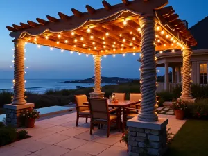 Coastal Rope Lighting - Nautical-inspired rope lights woven through pergola beams, creating a coastal atmosphere over a beach-style patio