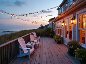 Coastal String Light Haven - Beachy patio with nautical-style string lights, weathered wood deck, Adirondack chairs, coastal grasses, evening sea breeze atmosphere