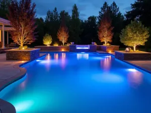 Color-Changing LED Pool - Contemporary pool patio with color-changing LED underwater lights, illuminated modern planters, strip lighting along steps, creating dynamic evening atmosphere