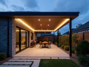 Contemporary LED Strip Glow - Modern covered patio with recessed LED strip lighting along ceiling perimeter, creating a subtle ambient glow over grey concrete floors