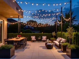 Contemporary Linear Light Design - Modern patio with parallel rows of string lights creating linear patterns, sleek furniture, architectural planters, nighttime ambiance