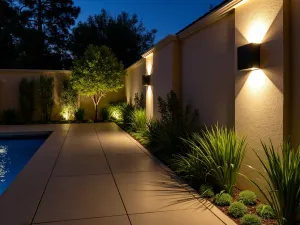 Contemporary Wall Sconces - Geometric LED wall sconces creating dramatic up/down lighting effects on a modern patio with vertical garden elements