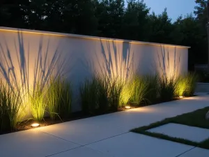 Contemporary Uplighting - Modern ground-mounted uplights illuminating a smooth rendered patio wall with architectural grasses creating dramatic shadows