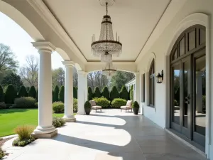 Crystal Chandelier Elegance - Luxury covered patio with crystal chandelier centerpiece, reflecting light onto white-painted ceiling with crown molding