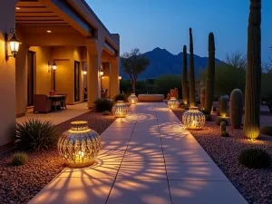 Desert Globe Lanterns - Modern southwestern patio with metal globe lanterns casting circular patterns, surrounded by desert landscaping and illuminated cacti