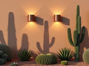 Desert Modern Lighting - Minimalist copper wall lights casting warm glows on a adobe-style wall with dramatic succulents and cacti shadows