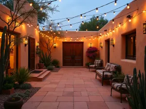 Desert Oasis String Lights - Southwestern patio with string lights zigzagging overhead, terra cotta tiles, desert plants, adobe walls, warm evening atmosphere