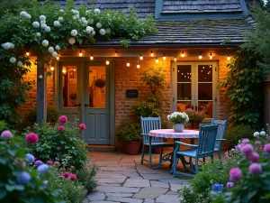 English Cottage Garden Lights - Charming cottage patio with whimsical string lights, climbing clematis, mixed flower borders, vintage furniture, twilight garden setting