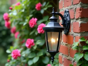 English Garden Lanterns - Classic black iron lantern wall lights mounted between climbing roses and ivy on a weathered brick garden wall