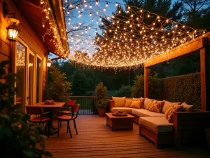 Fairy Light Canopy - Enchanting patio with dense fairy light ceiling, creating a magical sparkling effect, comfortable lounge seating, soft evening glow