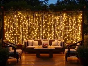 Fairy Light Curtain - Cascading curtain of warm white fairy lights creating a magical wall of light behind a romantic patio seating area