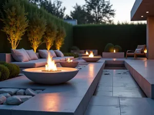 Fire Bowl Lighting - Modern concrete fire bowls providing ambient lighting along the edge of a sleek patio space with built-in seating