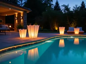 Floating Pool Lanterns - Evening shot of a modern pool patio with elegant floating paper lanterns on water surface, surrounding stone deck illuminated by warm LED strip lighting under coping, creating magical reflections