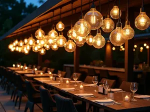 Glass Globe Constellation - Clustered arrangement of glass globe lights at varying heights, creating a constellation effect over a modern dining patio