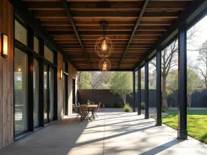 Industrial Cage Light Feature - Industrial-style covered patio with exposed metal ceiling and vintage-inspired cage lights, creating geometric shadows