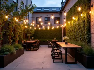 Industrial Edison Bulb Display - Urban industrial patio with exposed Edison bulb string lights, concrete floors, metal furniture, vertical garden wall, twilight atmosphere