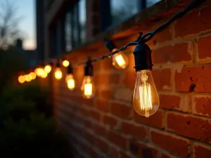 Industrial Edison String Lights - Vintage-style Edison bulb string lights zigzagging across a brick patio wall, creating a warm industrial atmosphere at twilight