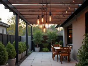 Industrial Pendant Lighting - Metal cage pendant lights hanging from a pergola, creating industrial-chic atmosphere over an urban patio with concrete elements