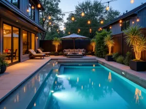 Industrial Steel Lighting - Urban pool patio with industrial-style steel pendant lights, exposed bulb fixtures, concrete deck with LED strip accents