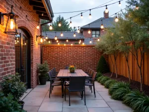 Industrial String Lanterns - Contemporary patio with exposed brick walls, featuring industrial-style metal cage lanterns strung on steel cables in a geometric pattern, mixed with edison bulbs